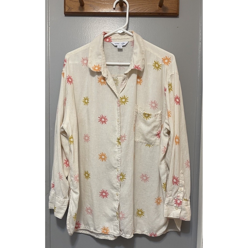 Old Navy Boyfriend Shirt Ivory Linen With Flowers Long Sleeve Size Xl